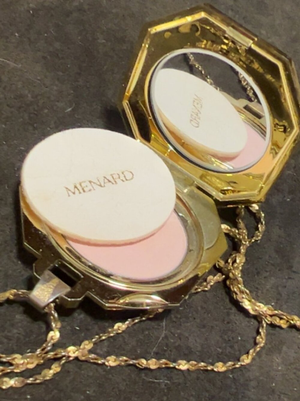 Vintage Menard mini face compact Touch up powder pendant necklace